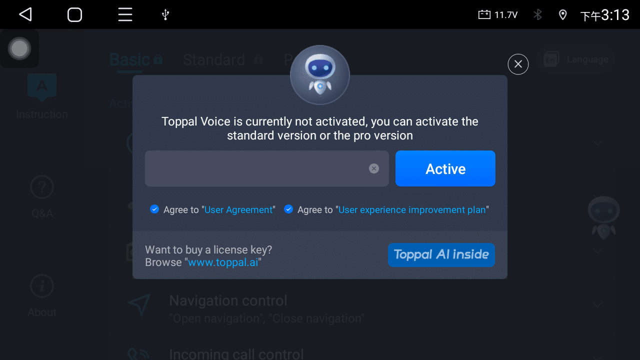 Écran d'activation de l'application Toppal Voice montrant le champ de saisie du code d'activation